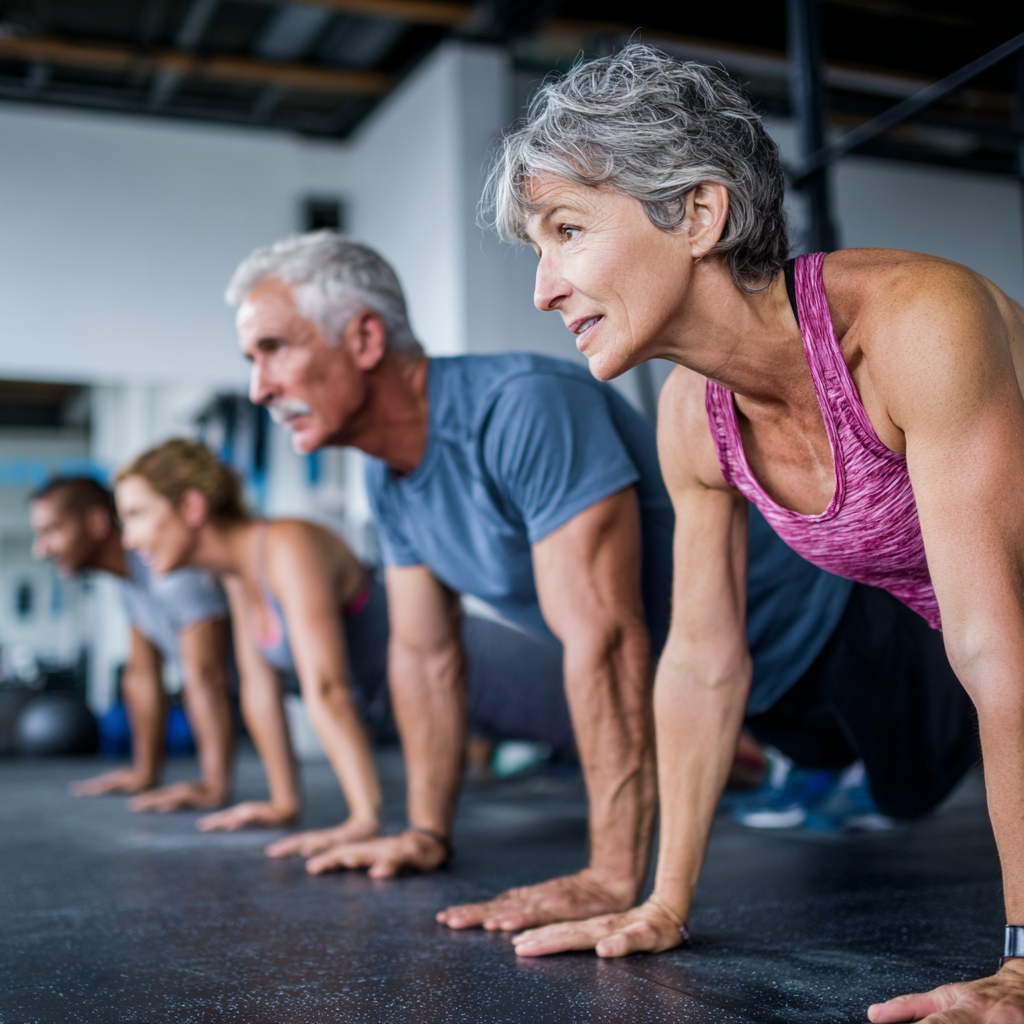 experienced adults engaged in functional fitness training session